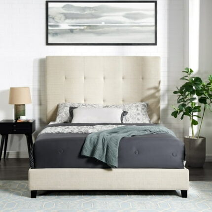 Queen Size Upholstered Bed Frame Tufted Upholstered Platform Bed Wood Bedframe with Headboard Beige