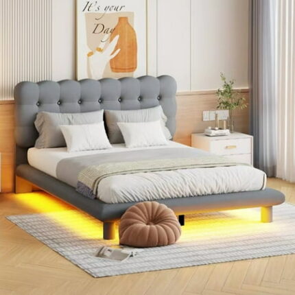 Queen Size Velvet Platform Bed Upholstered Bed Frame with Headboard and Wooden Slats Support Platform Bedframe with Thick and Soft Fabric Button-tufted Headboard Gray