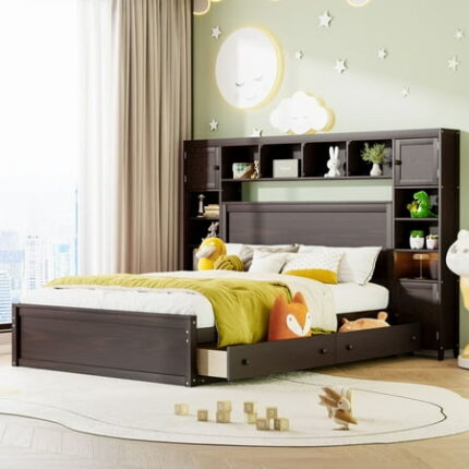 Queen Size Versatility Galore Solid Wood Bed Frame with All-in-One Cabinet Drawers Shelf and Sockets Platform Bed Frame Mid Century Bedframe Wood Foundation(Espresso Queen)