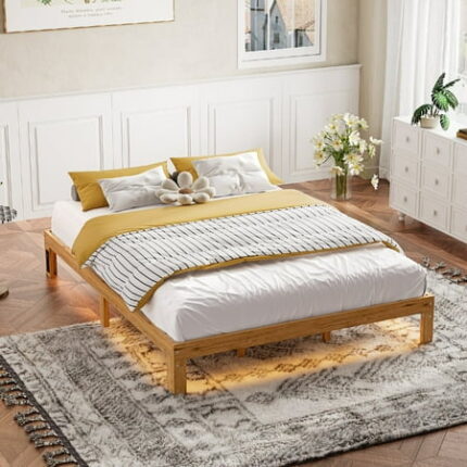 Queen Size Wood Platform Bed Frame with Charging Station 12 Solid Wood Legs Bedframe with Led Light Heavy Duty Wood Slat Support Without Headboard Easy Assembly No Box Spring Needed Natural