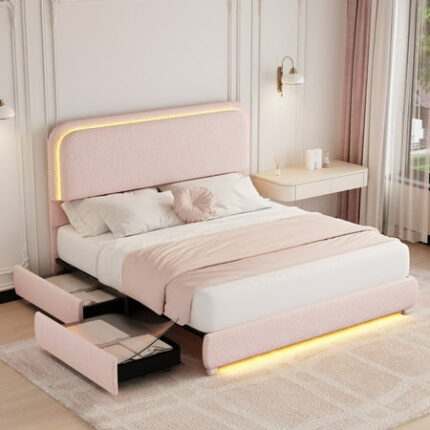 SIBEDS Queen LED Bed Frame with 2 Drawers Teddy Fleece Storage Bedframe No Box Spring Needed Pink