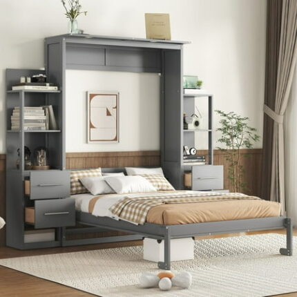 Solid Wood Bed Frame Murphy Bed Wall Bed with Shelves Drawers and LED Lights Platform Bed Frame Mid Century Bedframe Wood Foundation(Gray Full)