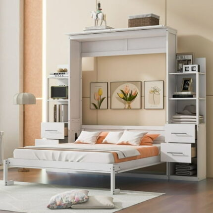 Solid Wood Bed Frame Murphy Bed Wall Bed with Shelves Drawers and LED Lights Platform Bed Frame Mid Century Bedframe Wood Foundation(White Queen)