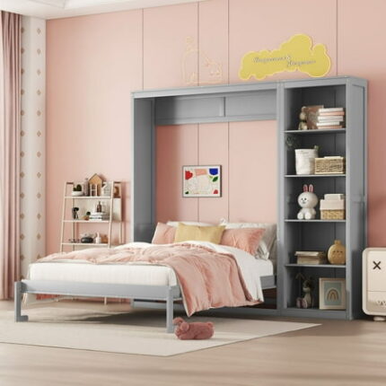 Solid Wood Bed Frame Murphy Bed Wall Bed with Shelves Platform Bed Frame Mid Century Bedframe Wood Foundation(Gray Full)