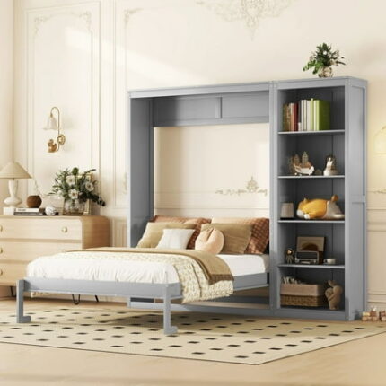 Solid Wood Bed Frame Murphy Bed Wall Bed with Shelves Platform Bed Frame Mid Century Bedframe Wood Foundation(Gray Queen)
