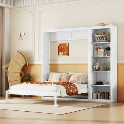 Solid Wood Bed Frame Murphy Bed Wall Bed with Shelves Platform Bed Frame Mid Century Bedframe Wood Foundation(White Full)