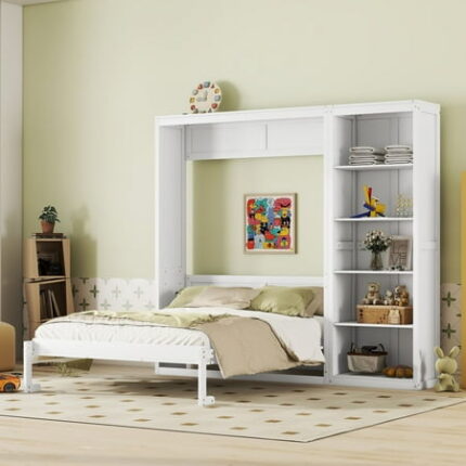 Solid Wood Bed Frame Murphy Bed Wall Bed with Shelves Platform Bed Frame Mid Century Bedframe Wood Foundation(White Queen)