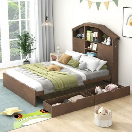 Solid Wood Bed Frame with House-shaped Storage Headboard and 2 Drawers Platform Bed Frame Mid Century Bedframe Wood Foundation(Walnut Full)
