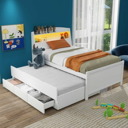 Solid Wood Bed Frame with Storage LED Headboard Twin Size Trundle and 3 Drawers Platform Bed Frame Mid Century Bedframe Wood Foundation(White Twin)