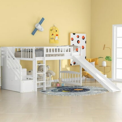 Stairway Twin Size Loft Bed with Two Drawers and Slide Solid Wood Twin Loft Bed Frame with Storage Slide Ladder and Guardrail No Box Spring Required Solid Pine Wood Bedframe for Teens Adults White