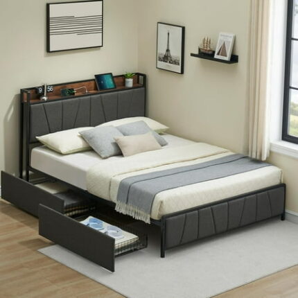 TROPOW King Size Bed Frame with 2 Storage Drawers and Charging Station Rustic Linen Upholstered Platform Bedframe with Storage Headboard No Box Spring Needed Easy Assembly Noise Free Grey