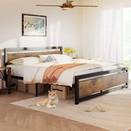Towallmark King Size Bed Frame with Wooden Headboard King Bed Platform Metal Bedframe Easy to Assemble Industrial 14 inch Noise Free Rustic Brown
