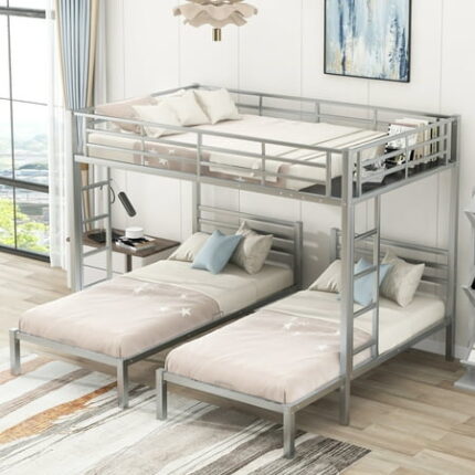 Triple Bunk Bed 3 in 1 Metal Bedframe Full Over Twin&Twin Size with Built-in Shelf Steel Bunk Beds Frame for 3 Kids/Teens/Adults Bedroom Silver