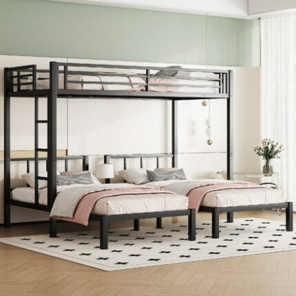 Triple Bunk Bed Frame Separatable Twin Over Twin Over Twin Size Metal Triple Bed with Full-Length Guardrail Ladder and Upper-Bed Platform Convertible 3 Beds Heavy-Duty Bedframe Black