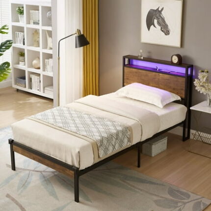 Twin Bed Frame Metal Platform Bed Frame with Wooden Headboard Footboard USB Port and LED Lights Multifunctional Bedframe for Bedroom No Box Spring Needed Black