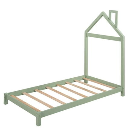 Twin Bed Frame for Kids Solid Wood Platform Bed with House-shaped Headboard and Sturdy Slats Support Pine Wood Montessori Bedframe for Boys and Girls Bedroom Playhouse Design Green