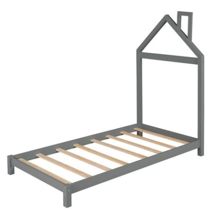 Twin Bed Frame for Kids Solid Wood Platform Bed with House-shaped Headboard and Sturdy Slats Support Pine Wood Montessori Bedframe for Boys and Girls Bedroom Playhouse Design Gray