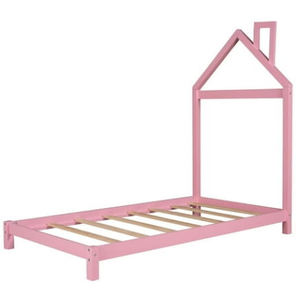 Twin Bed Frame for Kids Solid Wood Platform Bed with House-shaped Headboard and Sturdy Slats Support Pine Wood Montessori Bedframe for Boys and Girls Bedroom Playhouse Design Pink