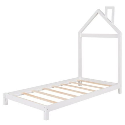 Twin Bed Frame for Kids Solid Wood Platform Bed with House-shaped Headboard and Sturdy Slats Support Pine Wood Montessori Bedframe for Boys and Girls Bedroom Playhouse Design White