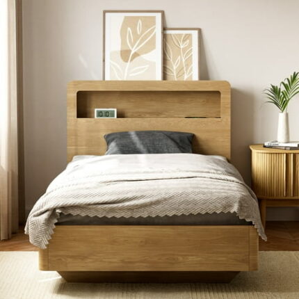 Twin Bed Frame with LED and Charging Station Wood Platform Bedframe with Headboard