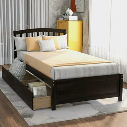 Twin Bed Frames with 2 Storage Drawers Platform Bed Frame with Headboard Sturdy Wood Twin Bedframe No Box Spring Needed Espresso