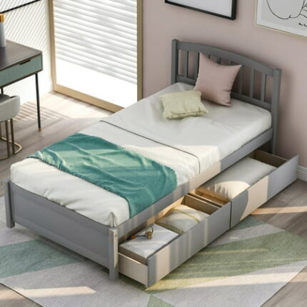 Twin Bed Frames with 2 Storage Drawers Platform Bed Frame with Headboard Sturdy Wood Twin Bedframe No Box Spring Needed Gray