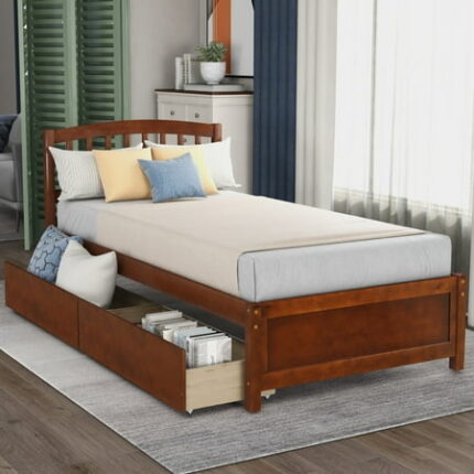Twin Bed Frames with 2 Storage Drawers Platform Bed Frame with Headboard Sturdy Wood Twin Bedframe No Box Spring Needed Walnut