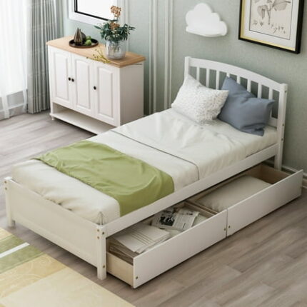 Twin Bed Frames with 2 Storage Drawers Platform Bed Frame with Headboard Sturdy Wood Twin Bedframe No Box Spring Needed White