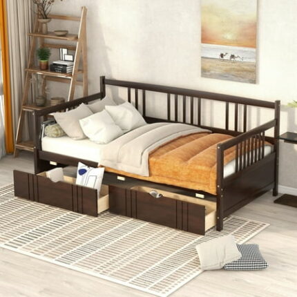 Twin Bed with Storage Twin Size Daybed with 2 Drawers Wood Storage Bed Frame Solid Pinewood Bedframe with Drawers No Box Spring Needed Espresso