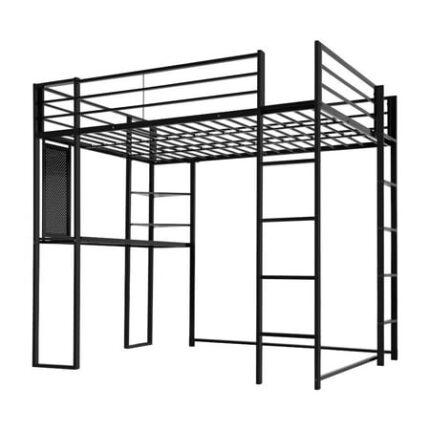 Twin Loft Bed Loft Bed Frame with Desk and Shelves Metal Bedframe with 2 Built-in Ladders and Safety Guardrail for Teens Adults Noise Free No Box Spring Needed