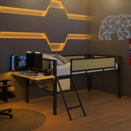 Twin Loft Bed Metal Loft Bed Frame with Rectangular Desk Led Lights and Storage Shelves Bedframe with Hanging Storage Compartments Safety Guard and Ladder Black+Natural