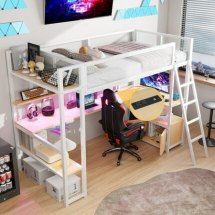 Twin Metal Loft Bed with L-Shaped Desk Loft Bed Frame Twin Size with LED Lights Charging Station Loft Bedframe with Cabinet and Ladder No Box Spring Needed White