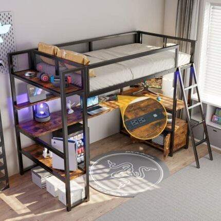 Twin Metal Loft Bed with L-Shaped Desk Loft Bed Frame Twin Size with LED Lights Charging Station Loft Bedframe with Cabinet and Ladder No Box Spring Needed Black