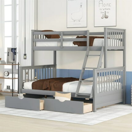 Twin-Over-Full Bunk Bed with 2 Storage Drawers Solid Wood Bunk Bed Frame with Inclined Ladder and Full-Length Guardrails Wood Bedframe for Bedroom Dorm Can Be Divided into 2 Beds Gray