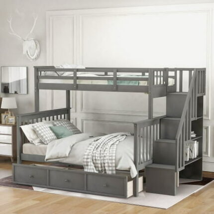 Twin Over Full Bunk Bed with Drawer Wood Bedfram with Storage Stairway and Guard Rail for Kids Adults Loft Bed Frame with Guardrail and Storage Stairway Convertible into 2 Separated Bed Gray