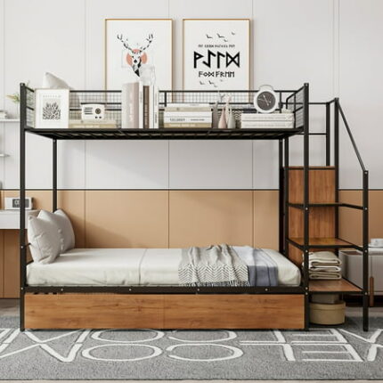 Twin Over Full Metal Bunk Bed Bed Frame with Drawer and Lateral Storage Ladder and Wardrobe Bedframe for Bedroom Black