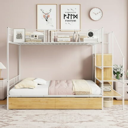 Twin Over Full Metal Bunk Bed Bed Frame with Drawer and Lateral Storage Ladder and Wardrobe Bedframe for Bedroom White