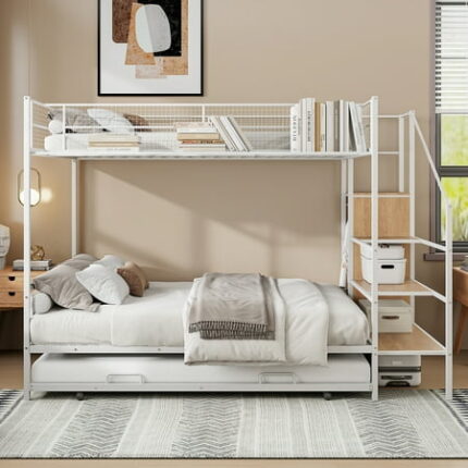 Twin Over Full Metal Bunk Bed Bed Frame with Trundle and Lateral Storage Ladder and Wardrobe Bedframe for Bedroom White