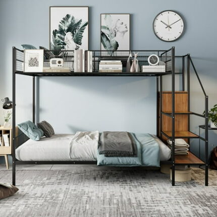 Twin Over Full Metal Bunk Bed Bed Frame with Wire Shelving and Lateral Storage Ladder and Wardrobe Bedframe for Bedroom Black