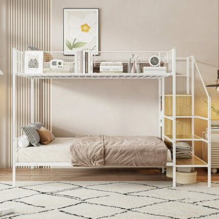 Twin Over Full Metal Bunk Bed Bed Frame with Wire Shelving and Lateral Storage Ladder and Wardrobe Bedframe for Bedroom White