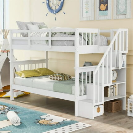 Twin Over Twin Bunk Bed Solid Wood Bunk Bed Frame with Stairway Storage and Guard Rails Can be Separated into 2 Bedframe Bed Frame for Kids Teens Dorm Bedroom Furniture White