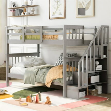 Twin Over Twin Bunk Bed Solid Wood Bunk Bed Frame with Stairway Storage and Guard Rails Can be Separated into 2 Bedframe Bed Frame for Kids Teens Dorm Bedroom Furniture Gray