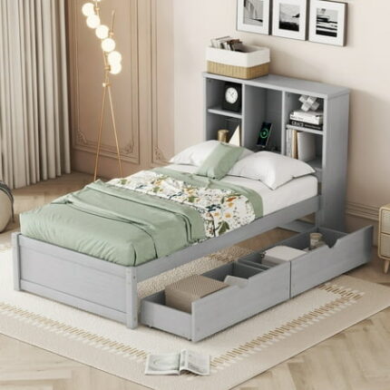 Twin Size Bed Frame Bedframe With Built-in USB Port on Bookcase Headboard and 2 Drawers Grey