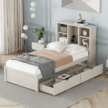 Twin Size Bed Frame Bedframe With Built-in USB Port on Bookcase Headboard and 2 Drawers White
