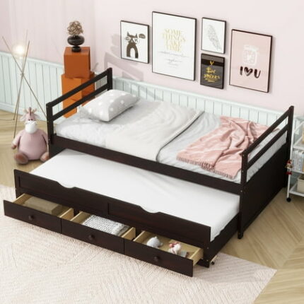 Twin Size Bed Frame Storage Twin Daybed with Headboard Footboard Trundle and 3 Storage Drawers Pine Wood Bedframe for Kids Teens Adults Espresso