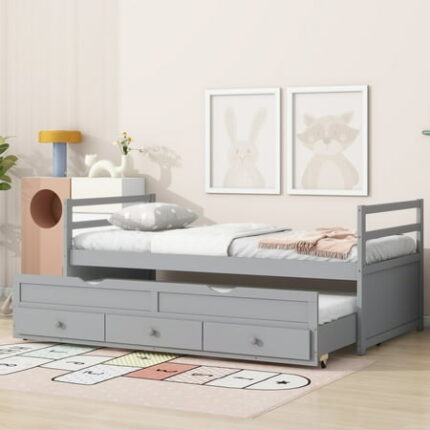 Twin Size Bed Frame Storage Twin Daybed with Headboard Footboard Trundle and 3 Storage Drawers Pine Wood Bedframe for Kids Teens Adults Grey