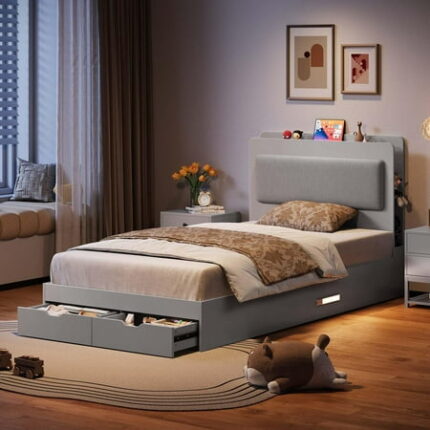 Twin Size Bed Frame with 2 Storage Drawers Upholstered Platform Bedframe with Storage Headboard No Box Spring Needed Easy Assembly Noise Free