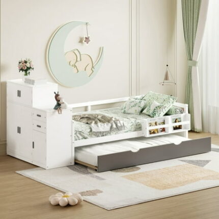 Twin Size Bed Frame with Trundle Wood Platform Bed with Wardrobe Storage Cabinet Multifunctional Bedframe with Side Small Bookshelf for Girls Boys Teens White