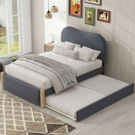 Twin Size Bed Frame with Twin Size Trundle Upholstered Platform Bed with Wood Supporting Feet Bedframe for Bedroom Living Room Gray