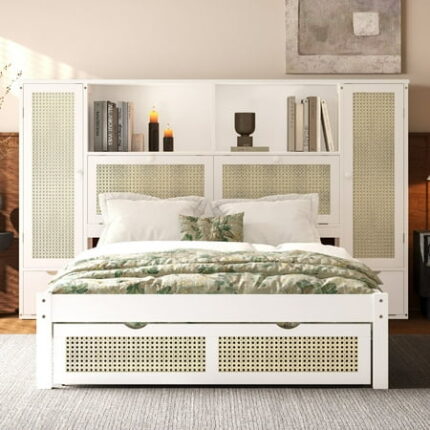Twin Size Bed frame with Two Storage Lockers Wooden Beds with Storage Shelf on Headboard and Drawer Platform Bedframe with Storage Bookcase Multifunctional Beds Frame with Natural Rattan White